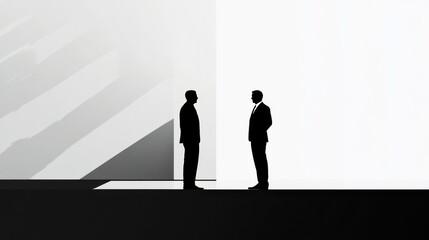 Fototapete - Two figures in business attire engaging in conversation on minimalist backdrop during business meeting. Generative AI