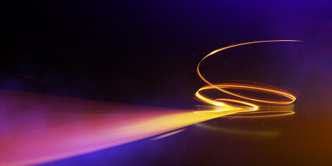 Wall Mural - swirl stage. neon glowing gold stage. abstract virtual fluorescent dark. sci fi technical concept. c