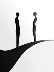 Leinwandbilder - Two abstract figures standing on a curved line against a light background representing connection and interaction. Generative AI