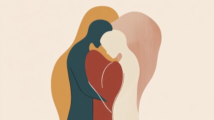 Poster - Warm embrace between two figures in a minimalist illustration depicting love and connection in a gentle, serene environment. Generative AI