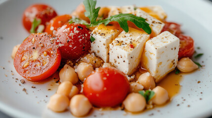 Wall Mural - A fresh salad featuring tofu cheese, cherry tomatoes, and chickpeas served on a white plate in natural light. вегатеріанське м'ясо тофу