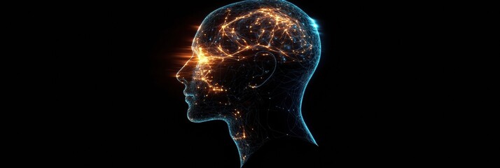 Fototapete - Profile view of a human head with illuminated neural connections symbolizing artificial intelligence technology in motion. Generative AI