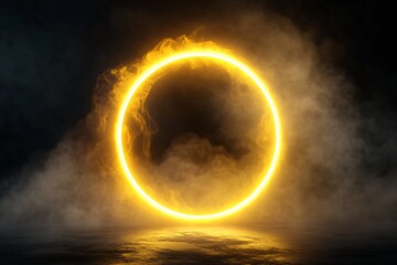 Wall Mural - magical glowing golden ring reflection on dark water surface with mystical fog. circle of light in n
