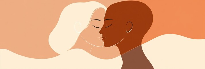 Poster - Two people embracing in a minimalist style illustration with warm hues showcasing connection and love. Generative AI