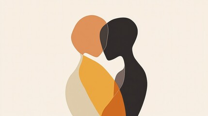 Poster - Emotional connection represented through minimalist illustration of two people embracing in warm tones. Generative AI