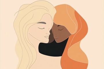 Poster - Minimalist illustration of two people embracing each other expressing love and connection in a serene, warm atmosphere. Generative AI