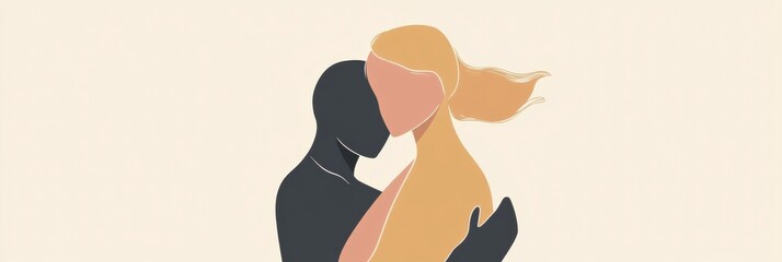 Poster - Two people embrace in a minimalist illustration representing love and connection at any time. Generative AI