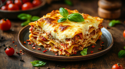 Poster - A delicious slice of lasagna with melted cheese, ground meat, and tomato sauce, garnished with fresh basil, showcasing a hearty Italian meal served on a rustic plate.