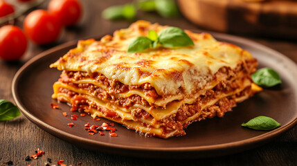 Poster - A delicious plate of lasagna with layers of ground beef, tomato sauce, and melted cheese, topped with fresh basil leaves, symbolizing a hearty Italian meal.