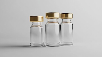 Aufkleber - Clear glass bottles with golden lids arranged on a neutral background showcasing simplicity and elegance in design. Generative AI