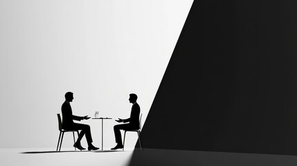 Fototapete - Two silhouettes engaged in a conversation at a table in a high contrast modern setting during daytime. Generative AI
