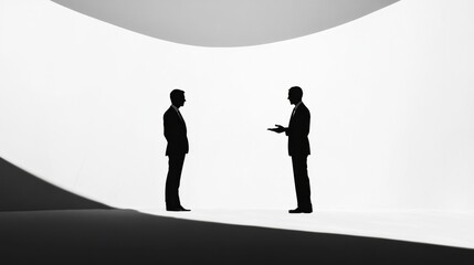 Fototapete - Two business professionals engaged in discussion under dramatic lighting in a modern setting. Generative AI