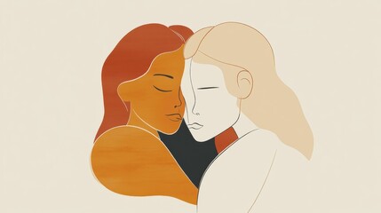 Poster - Two individuals share a warm embrace in a minimalist style illustration on a soft neutral background. Generative AI