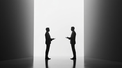 Wall Mural - Two business professionals engage in discussion in a minimalist, bright corridor during a conference. Generative AI