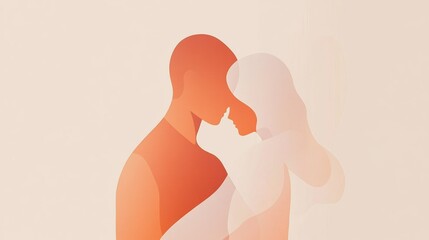 Poster - Emotional connection illustrated through a minimalist embrace between two figures in a warm color palette. Generative AI