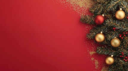 Wall Mural - festive christmas background with fir branches, gold ornaments, red baubles, and glitter on a rich r
