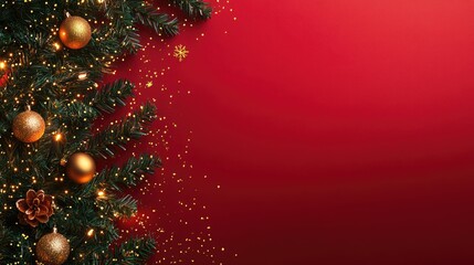 Wall Mural - festive christmas background with a decorated tree, golden ornaments, and twinkling lights on a red 