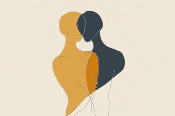 Poster - Minimalist illustration of two figures embracing in a warm and inviting setting during a tranquil moment together. Generative AI