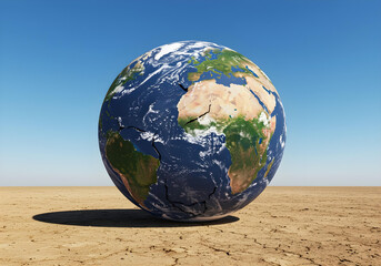 a cracked globe symbolizes environmental challenges, with a barren land background under a bright bl