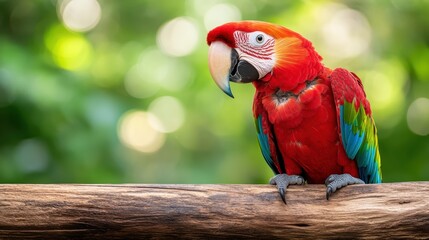 a stunning scarlet macaw with colorful plumage is perched gracefully on a wooden branch, surrounded 