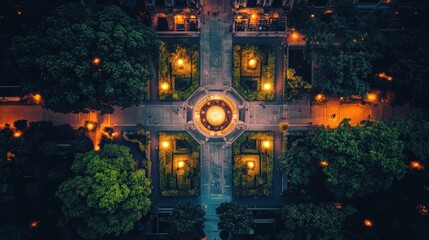 Wall Mural - Aerial view of a beautifully illuminated urban park at night with vibrant greenery and pathways