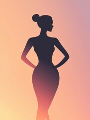 Poster - Minimalist illustration of a slim female silhouette emphasizing the waistline against a soft gradient background. Generative AI
