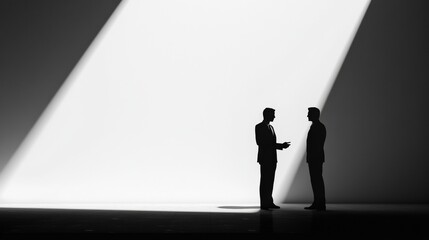 Wall Mural - Two business professionals engaged in a serious conversation under dramatic lighting in a modern setting. Generative AI