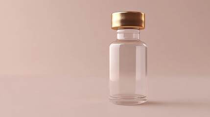 Poster - Clear glass bottle with golden cap placed on a smooth surface under soft lighting. Generative AI