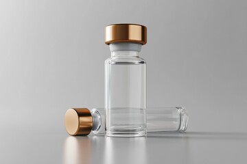 Aufkleber - Clear glass vials with gold colored caps are arranged creatively on a smooth, light background, emphasizing their sleek design and versatility