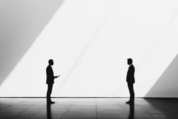Fototapete - Two professionals engaged in discussion under dramatic lighting in a modern setting during daytime. Generative AI