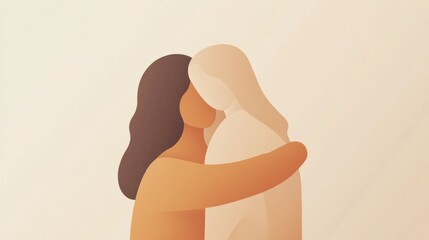 Poster - Minimalist illustration of two people embracing in a warm, emotional moment in a neutral toned backdrop. Generative AI