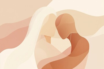 Poster - Minimalist illustration of two individuals sharing a warm embrace in a serene environment during a peaceful moment. Generative AI