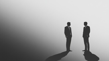 Fototapete - Two business professionals standing in conversation on a minimalist background during an early morning meeting. Generative AI