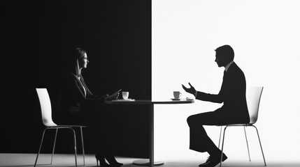 Aufkleber - Conversation in contrasting light between a man and woman at a table in a minimalist setting. Generative AI