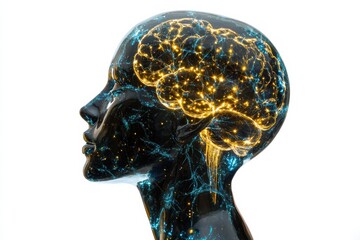 Fototapete - Complex neural connections and glowing synapses illustrate artificial intelligence in a human head profile. Generative AI
