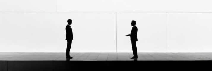 Fototapete - Business meeting between two professionals in a modern office environment at dusk with a minimalistic backdrop. Generative AI