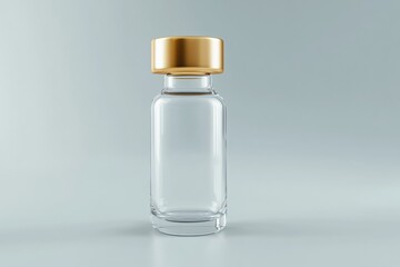 Poster - Clear glass bottle with a gold cap placed on a smooth surface in a well lit environment. Generative AI