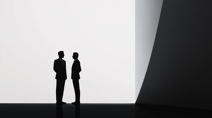 Fototapete - Two business professionals engaged in an earnest conversation under minimalistic lighting in a modern interior space. Generative AI