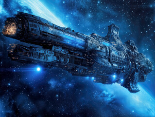 Wall Mural - A colossal spaceship glides silently through the dark universe, illuminated by its blue engines. Nearby, a vibrant planet adds color to the cosmic landscape. Stars twinkle overhead.