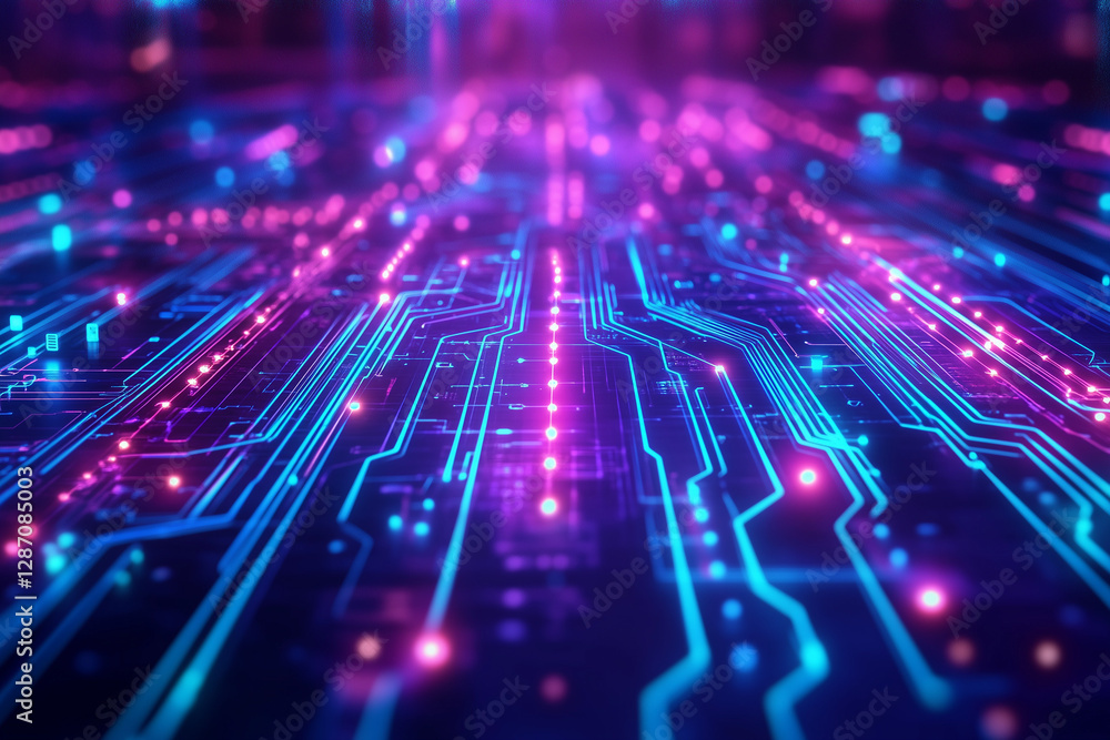 Bright Digital Circuits Radiating Energy in a Futuristic Neon Setting Background