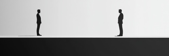Fototapete - Two silhouettes facing each other on a minimalistic black and white background during a conceptual meeting. Generative AI
