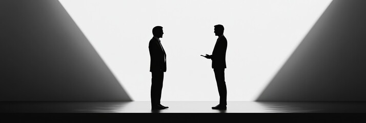 Wall Mural - Two business professionals engage in discussion against a light backdrop in a minimalistic setting. Generative AI