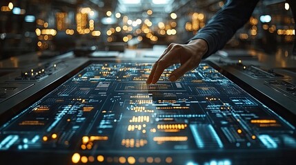 person interacting with a futuristic digital interface using their fingertip