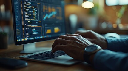 Man typing on keyboard while using computer software programming