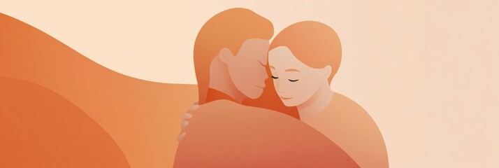 Poster - Minimalist illustration of two people sharing an affectionate hug in a warm and calming setting. Generative AI