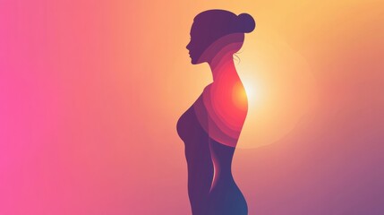 Poster - Minimalist illustration of a slim female silhouette with an emphasized waistline against a colorful background. Generative AI