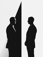 Fototapete - Two men in suits standing opposite each other in a contrasting black and white setting during a business meeting. Generative AI