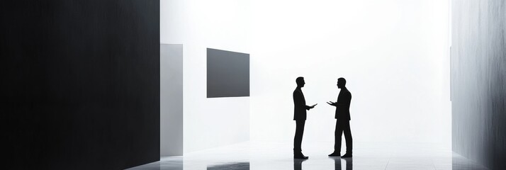 Aufkleber - Two business professionals engage in conversation in a modern, minimalist art gallery during a bright, spacious daytime setting. Generative AI