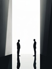 Poster - Two silhouettes in dark suits converse in a minimalist architectural space during daylight hours. Generative AI