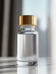 Poster - Elegant clear glass bottle with golden cap on reflective surface against blurred background during daylight. Generative AI
